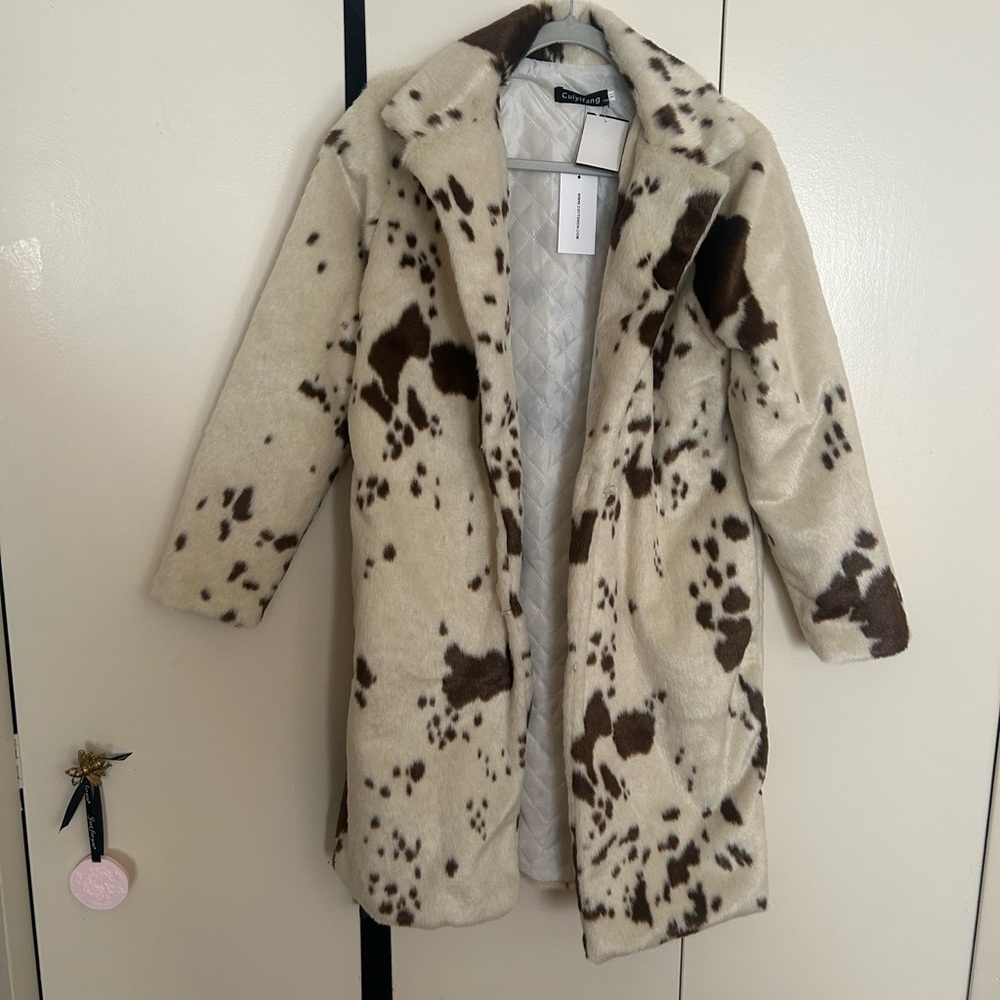 Cotton On White Teddy Jacket with Cow Print / Faux Fur Trim